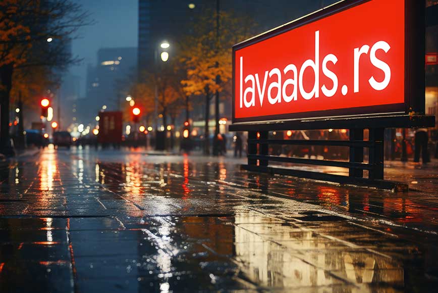 Iznajmljeni bilbord sa natpisom lavaads.rs dominira kadrom, dok u pozadini svetla grada osvetljavaju mokri trotoar i stvaraju refleksije u sumraku.